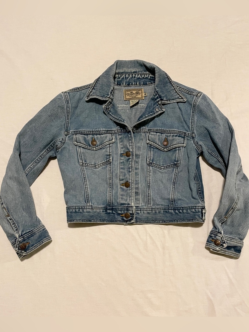 Vtg 90s Calvin Klein Cropped Denim Jacket Weathered American Classic Blue Jean M